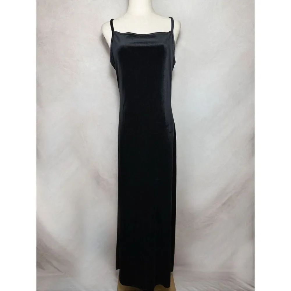 Vintage 1990s Black Velvet Slip Dress Minimalist Y2K Silhouette Whimsygoth Alt
